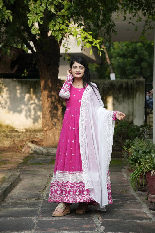 Malishka Women's Pink Faux Georgette Embroidered Anarkali Kurta Pant With Dupatta - Distacart