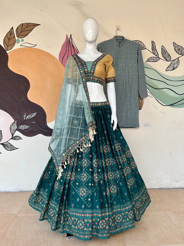 Malishka Export Aqua Green Chinon With Embroidery Lehenga Choli Set - Rama - Distacart