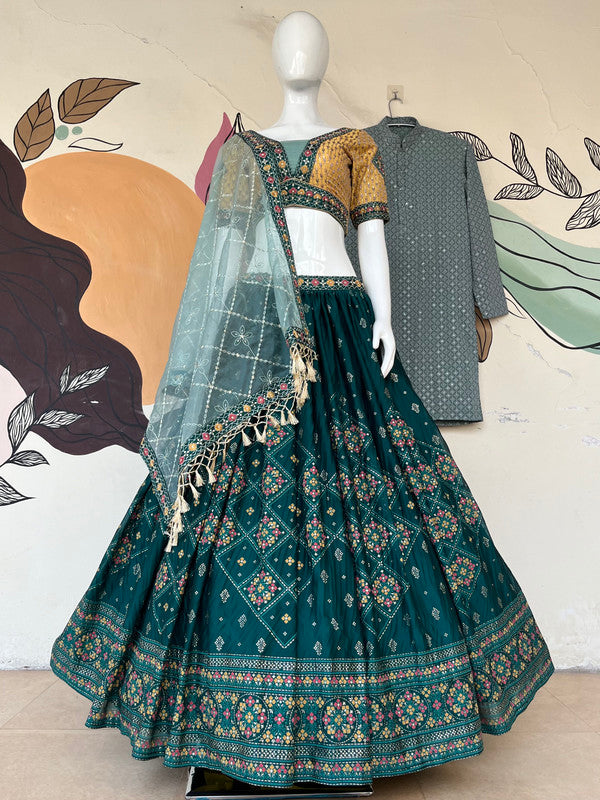 Malishka Export Aqua Green Chinon With Embroidery Lehenga Choli Set - Rama - Distacart