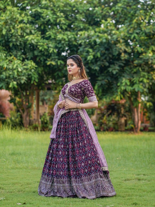 Malishka Export Wine Georgette With Embroidery Lehenga Choli Set - Wine - Distacart