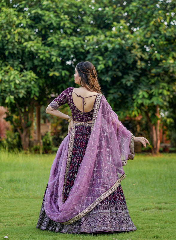 Malishka Export Wine Georgette With Embroidery Lehenga Choli Set - Wine - Distacart