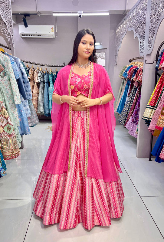 Malishka Export Pink Slub Silk With Embroidery Zari Lehenga Choli Set With Shrug - Pink - Distacart