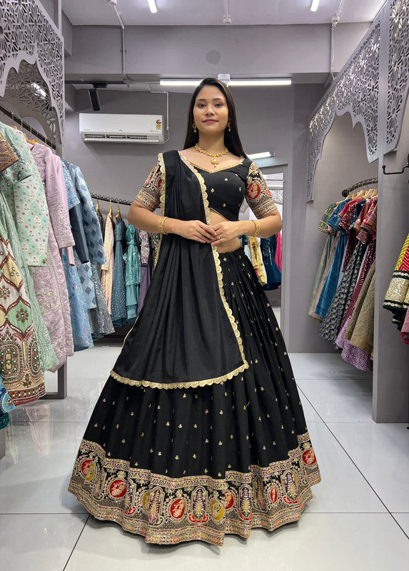 Malishka Export Black Roman Silk With Embroidery Zari Lehenga Choli Set - Black - Distacart