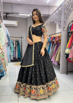 Thumbnail for Malishka Export Black Roman Silk With Embroidery Zari Lehenga Choli Set - Black - Distacart
