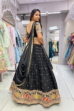 Thumbnail for Malishka Export Black Roman Silk With Embroidery Zari Lehenga Choli Set - Black - Distacart