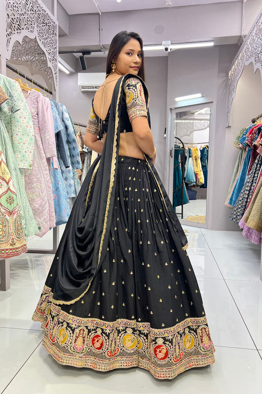 Malishka Export Black Roman Silk With Embroidery Zari Lehenga Choli Set - Black - Distacart