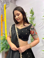 Thumbnail for Malishka Export Black Roman Silk With Embroidery Zari Lehenga Choli Set - Black - Distacart