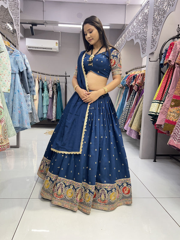 Malishka Export Rama Roman Silk With Embroidery Zari Lehenga Choli Set - Rama - Distacart