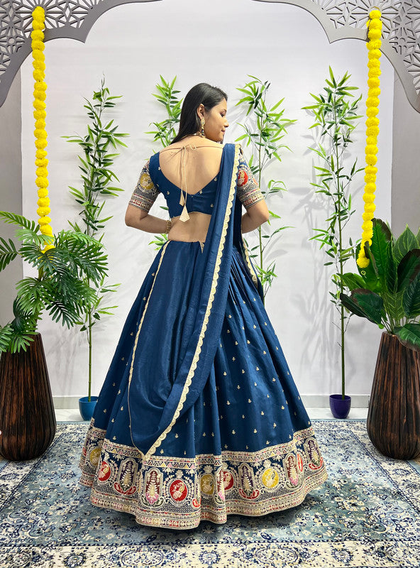 Malishka Export Rama Roman Silk With Embroidery Zari Lehenga Choli Set - Rama - Distacart