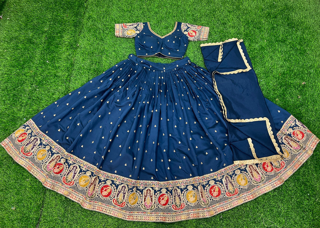 Malishka Export Rama Roman Silk With Embroidery Zari Lehenga Choli Set - Rama - Distacart