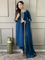 Thumbnail for Malishka Women's Petrol Viscose Chanderi Embroidered Straight Kurta with Pant And Dupatta Set