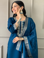 Thumbnail for Malishka Women's Petrol Viscose Chanderi Embroidered Straight Kurta with Pant And Dupatta Set