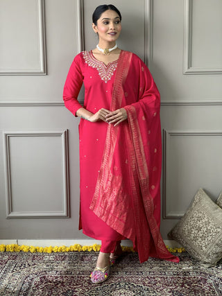 Malishka Women's Red Viscose Chanderi Embroidered Straight Kurta with Pant And Dupatta Set - Distacart
