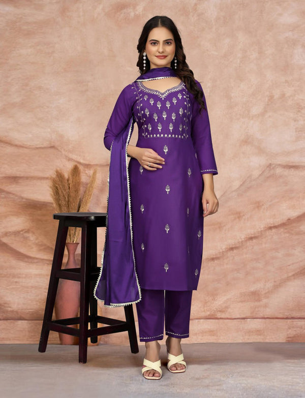 Malishka Women's Embroidered Cotton Blend Kurti With Pant & Dupatta Set - Purple - Distacart