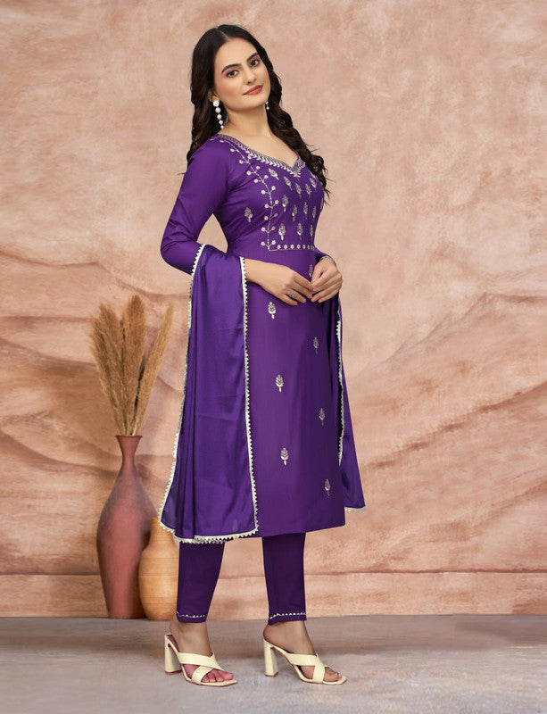 Malishka Women's Embroidered Cotton Blend Kurti With Pant & Dupatta Set - Purple - Distacart