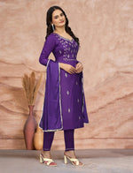 Thumbnail for Malishka Women's Embroidered Cotton Blend Kurti With Pant & Dupatta Set - Purple - Distacart