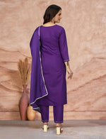 Thumbnail for Malishka Women's Embroidered Cotton Blend Kurti With Pant & Dupatta Set - Purple - Distacart