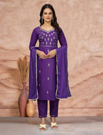 Thumbnail for Malishka Women's Embroidered Cotton Blend Kurti With Pant & Dupatta Set - Purple - Distacart