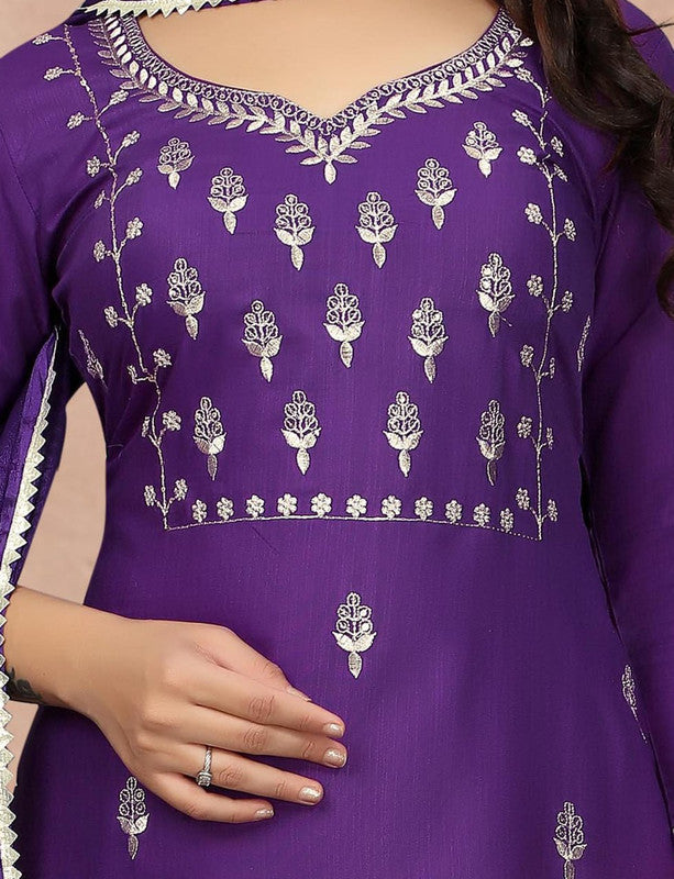 Malishka Women's Embroidered Cotton Blend Kurti With Pant & Dupatta Set - Purple - Distacart