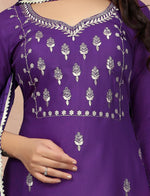 Thumbnail for Malishka Women's Embroidered Cotton Blend Kurti With Pant & Dupatta Set - Purple - Distacart