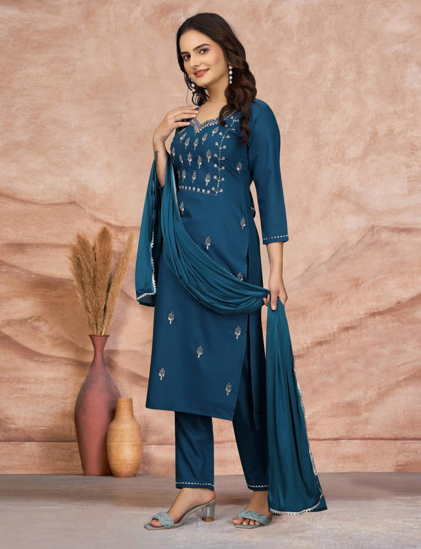Malishka Women's Embroidered Cotton Blend Kurti With Pant & Dupatta Set - Teal - Distacart