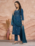 Thumbnail for Malishka Women's Embroidered Cotton Blend Kurti With Pant & Dupatta Set - Teal - Distacart