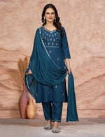 Thumbnail for Malishka Women's Embroidered Cotton Blend Kurti With Pant & Dupatta Set - Teal - Distacart