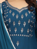 Thumbnail for Malishka Women's Embroidered Cotton Blend Kurti With Pant & Dupatta Set - Teal - Distacart