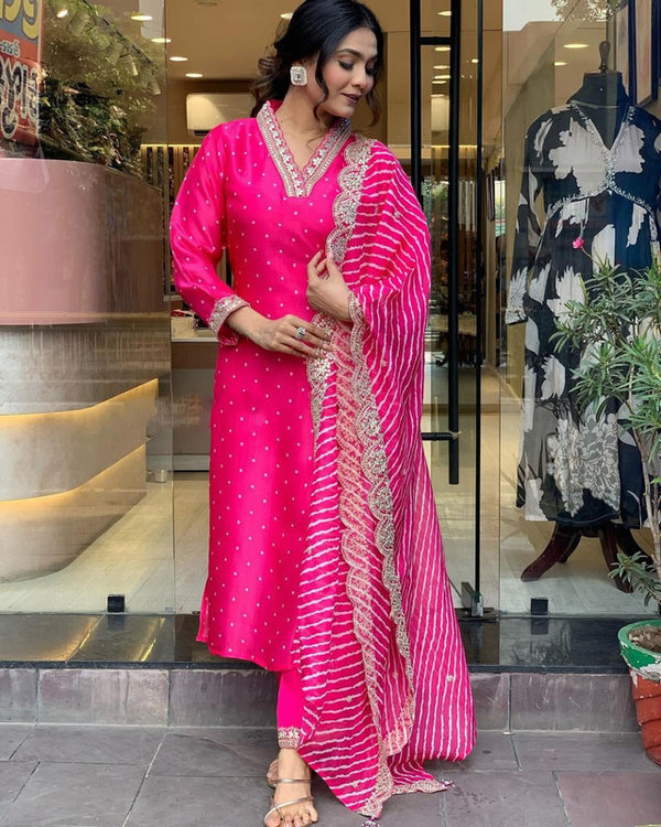 Malishka Export Women's Chanderi Embroidery Kurta Pant With Dupatta - Pink - Distacart