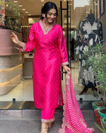 Thumbnail for Malishka Export Women's Chanderi Embroidery Kurta Pant With Dupatta - Pink - Distacart