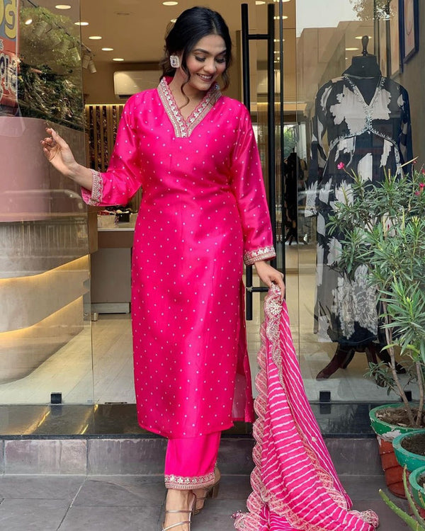 Malishka Export Women's Chanderi Embroidery Kurta Pant With Dupatta - Pink - Distacart