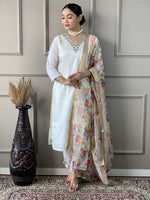 Thumbnail for Malishka Women's Viscose Nylon Butti Embroidered Straight Kurta with Pant And Silk Printed Dupatta Set - White - Distacart