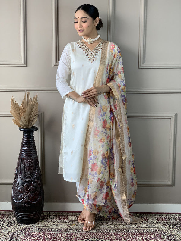 Malishka Women's Viscose Nylon Butti Embroidered Straight Kurta with Pant And Silk Printed Dupatta Set - White - Distacart