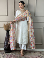 Thumbnail for Malishka Women's Viscose Nylon Butti Embroidered Straight Kurta with Pant And Silk Printed Dupatta Set - White - Distacart