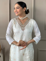 Thumbnail for Malishka Women's Viscose Nylon Butti Embroidered Straight Kurta with Pant And Silk Printed Dupatta Set - White - Distacart
