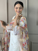 Thumbnail for Malishka Women's Viscose Nylon Butti Embroidered Straight Kurta with Pant And Silk Printed Dupatta Set - White - Distacart