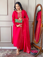 Thumbnail for Malishka Women's Red Viscose Chanderi Embroidered Straight Kurta with Pant And Dupatta Set - Distacart