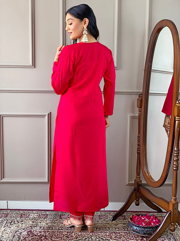 Malishka Women's Red Viscose Chanderi Embroidered Straight Kurta with Pant And Dupatta Set - Distacart