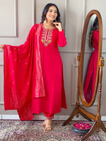 Thumbnail for Malishka Women's Red Viscose Chanderi Embroidered Straight Kurta with Pant And Dupatta Set - Distacart