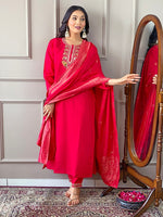 Thumbnail for Malishka Women's Red Viscose Chanderi Embroidered Straight Kurta with Pant And Dupatta Set - Distacart