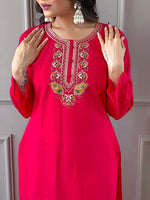 Thumbnail for Malishka Women's Red Viscose Chanderi Embroidered Straight Kurta with Pant And Dupatta Set - Distacart