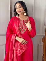 Thumbnail for Malishka Women's Red Viscose Chanderi Embroidered Straight Kurta with Pant And Dupatta Set - Distacart