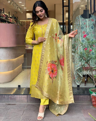 Malishka Women's Embroidered Viscose organza Kurti With Pant & Dupatta Set - Yellow - Distacart