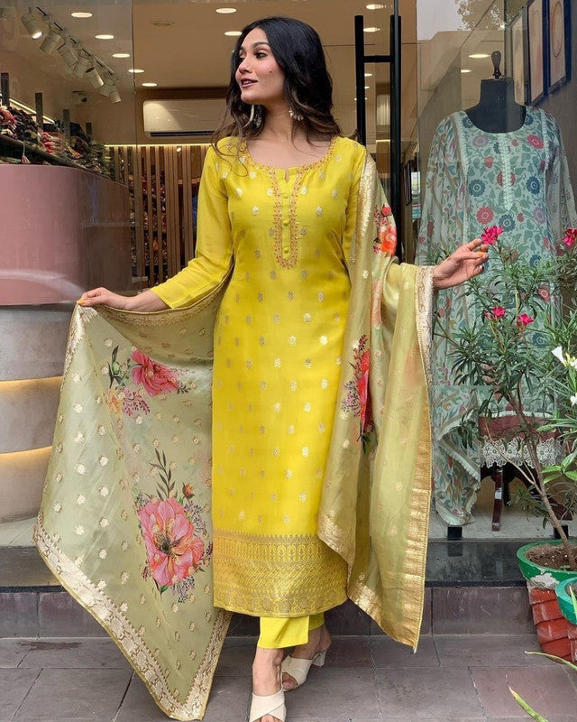 Malishka Women's Embroidered Viscose organza Kurti With Pant & Dupatta Set - Yellow