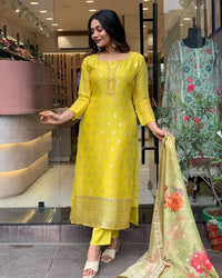 Thumbnail for Malishka Women's Embroidered Viscose organza Kurti With Pant & Dupatta Set - Yellow