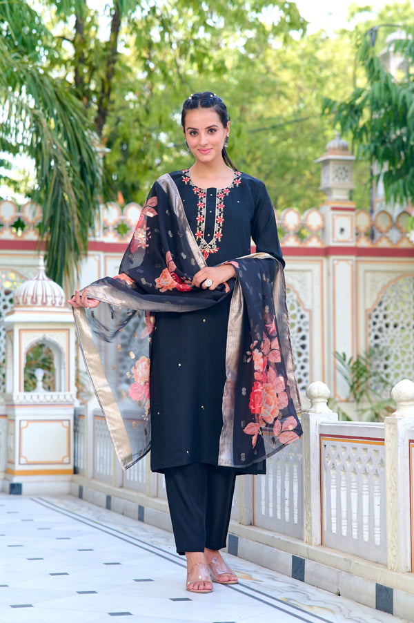 Malishka Women's Black Polyester Embroidered Straight Kurta Pant With Dupatta - Distacart