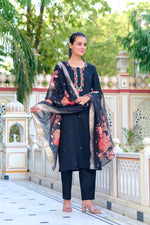 Thumbnail for Malishka Women's Black Polyester Embroidered Straight Kurta Pant With Dupatta - Distacart
