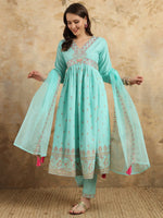 Thumbnail for Malishka Export Women's Embroidered Rayon Slub with Foil Kurti With Pant & Dupatta Set - Sky Blue - Distacart
