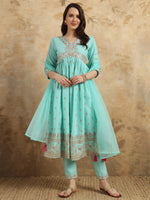 Thumbnail for Malishka Export Women's Embroidered Rayon Slub with Foil Kurti With Pant & Dupatta Set - Sky Blue - Distacart