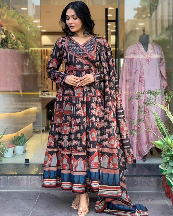 Malishka Women's Embroidered Cotton Blend Kurti With Pant & Dupatta Set - Black - Distacart